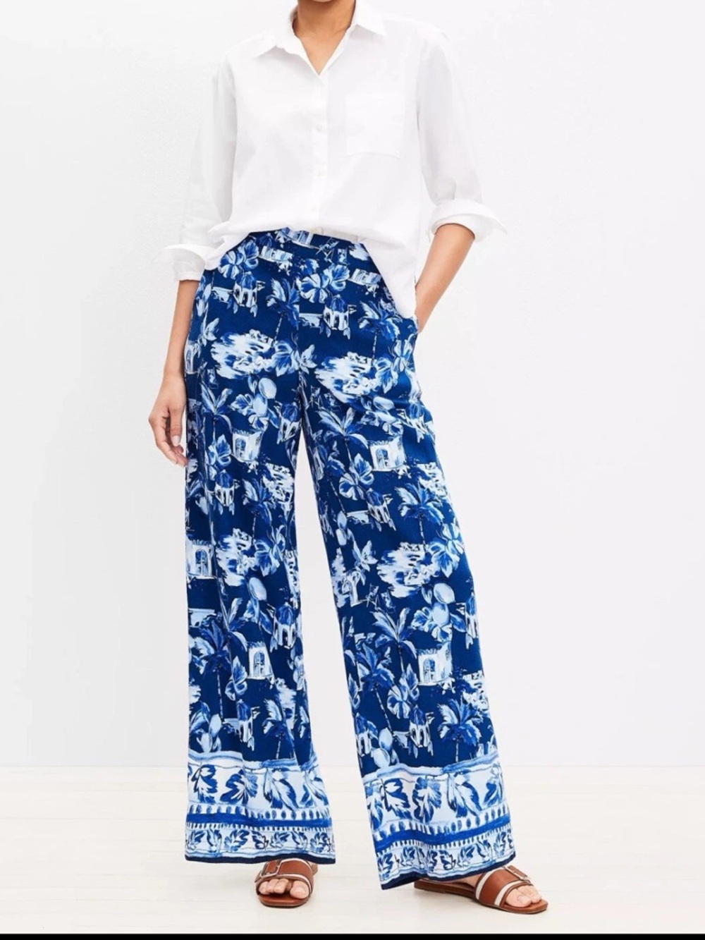 LOFT Wide Leg Palazzo Pull On Pant Corfu Weekend Linen Blend Sz LT Fine Sapphire